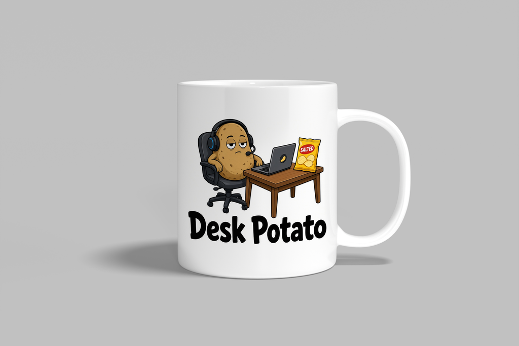 Desk Potato funny mug, white 11oz ceramic novelty gift, front view