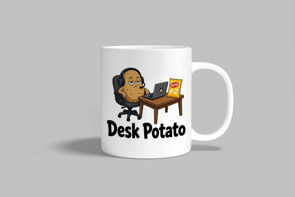 Desk Potato funny mug, white 11oz ceramic novelty gift, front view