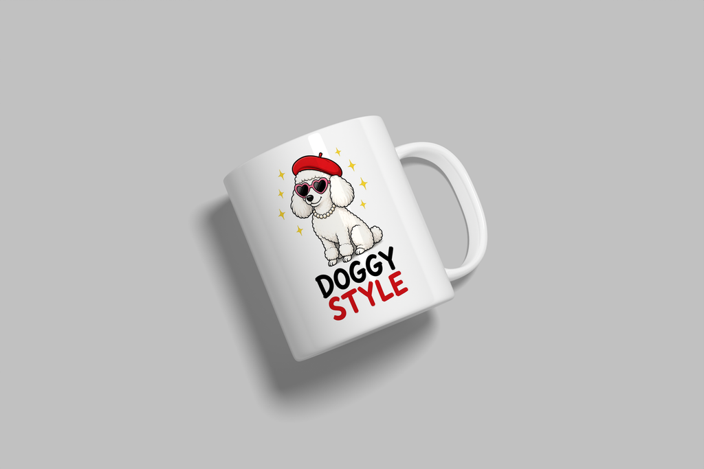 Doggy Style funny mug, white 11oz ceramic novelty gift, angled side view