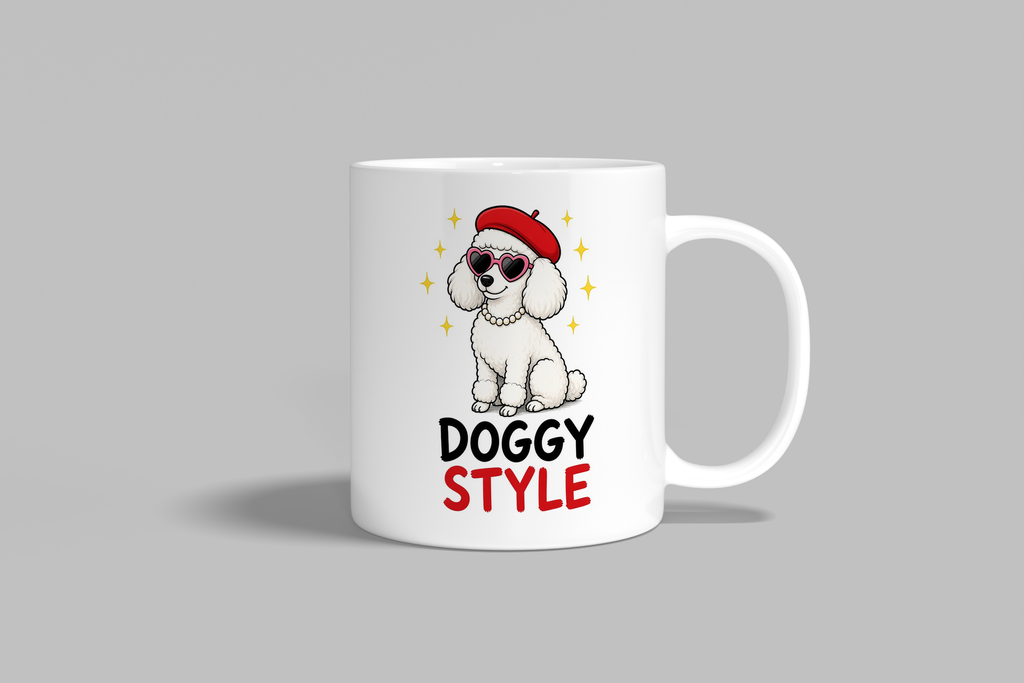 Doggy Style funny mug, white 11oz ceramic novelty gift, front view