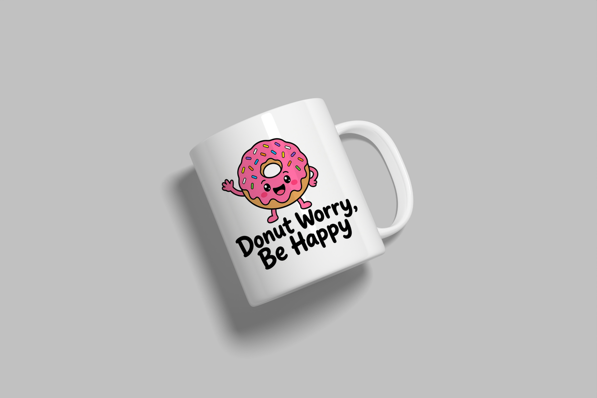Donut Worry, Be Happy funny mug, white 11oz ceramic novelty gift, angled side view