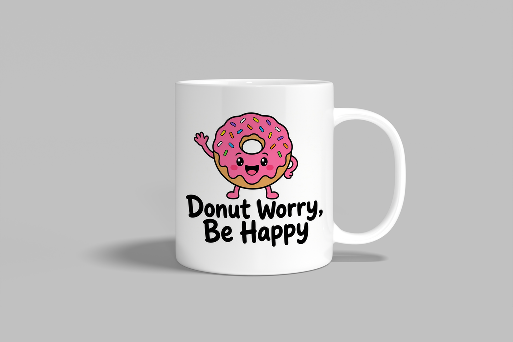 Donut Worry, Be Happy funny mug, white 11oz ceramic novelty gift, front view