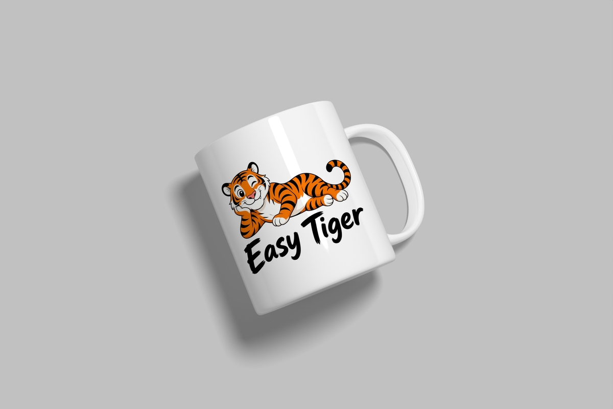 Easy Tiger funny mug, white 11oz ceramic novelty gift, angled side view