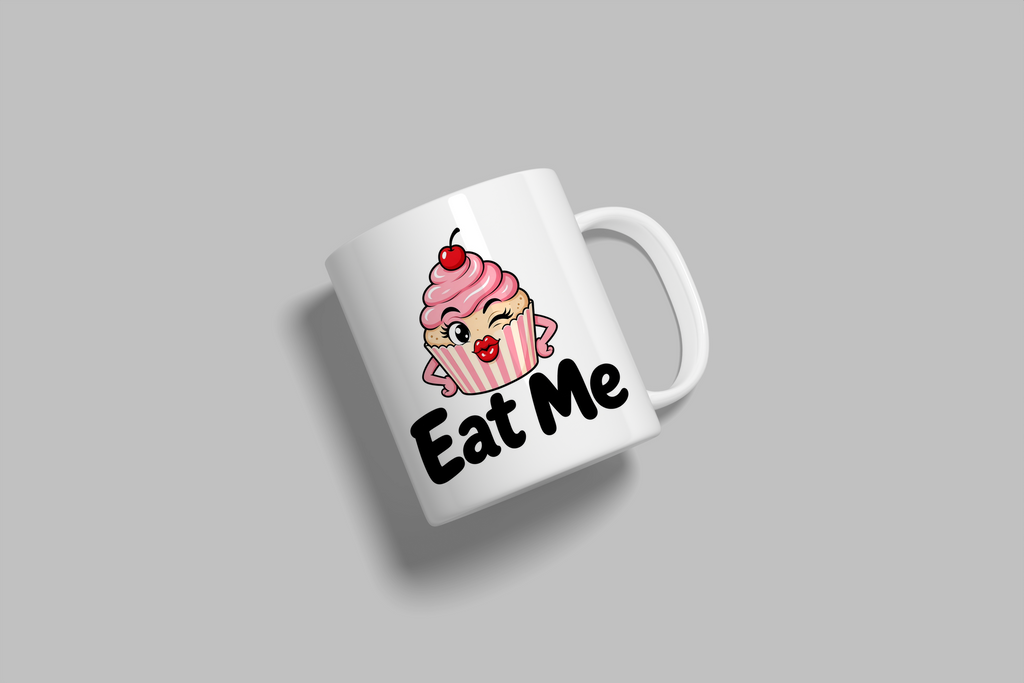 Eat Me funny mug, white 11oz ceramic novelty gift, angled side view