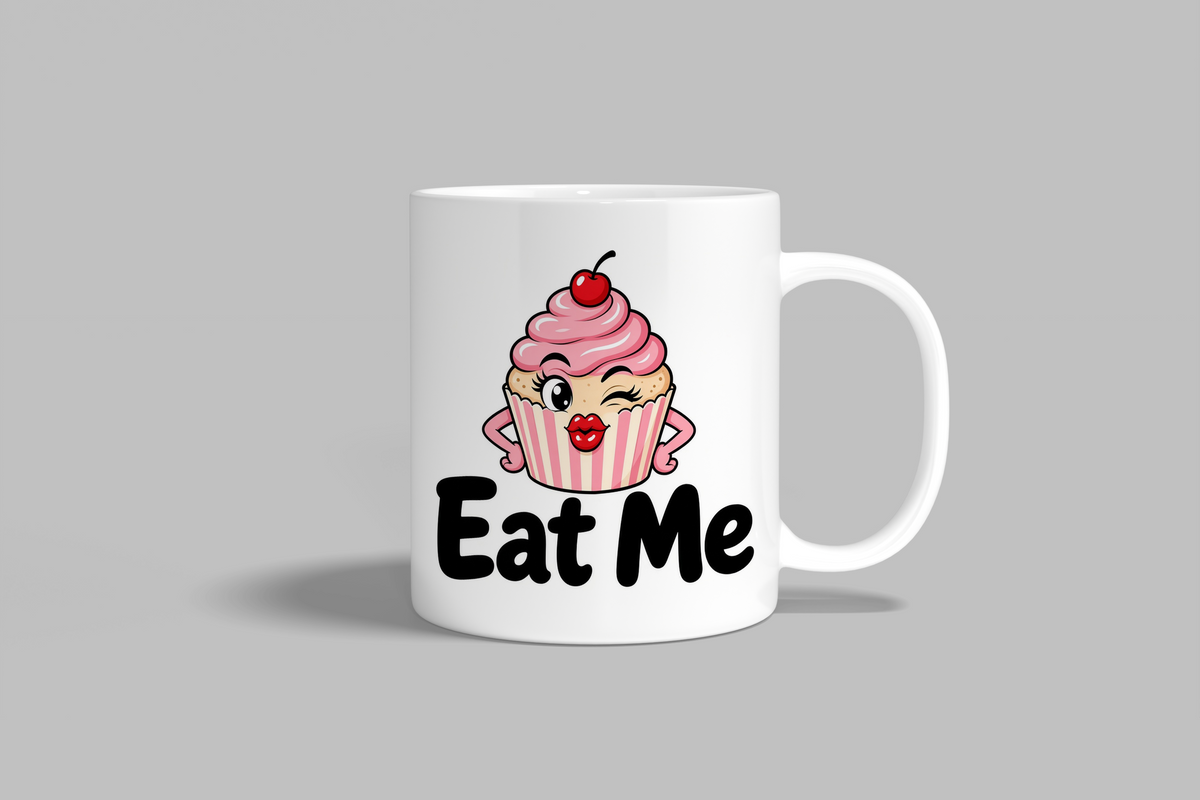 Eat Me funny mug, white 11oz ceramic novelty gift, front view