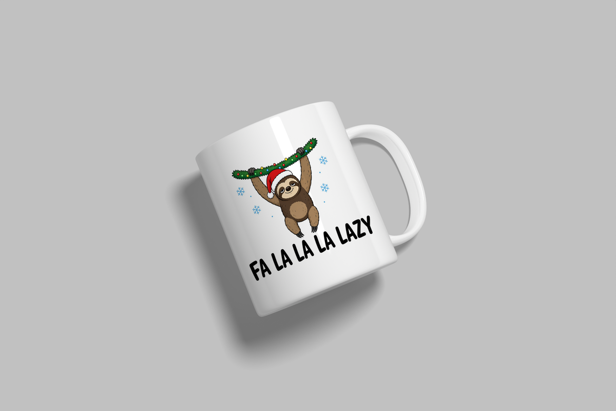 Fa La La La Lazy funny mug, white 11oz ceramic novelty gift, angled side view
