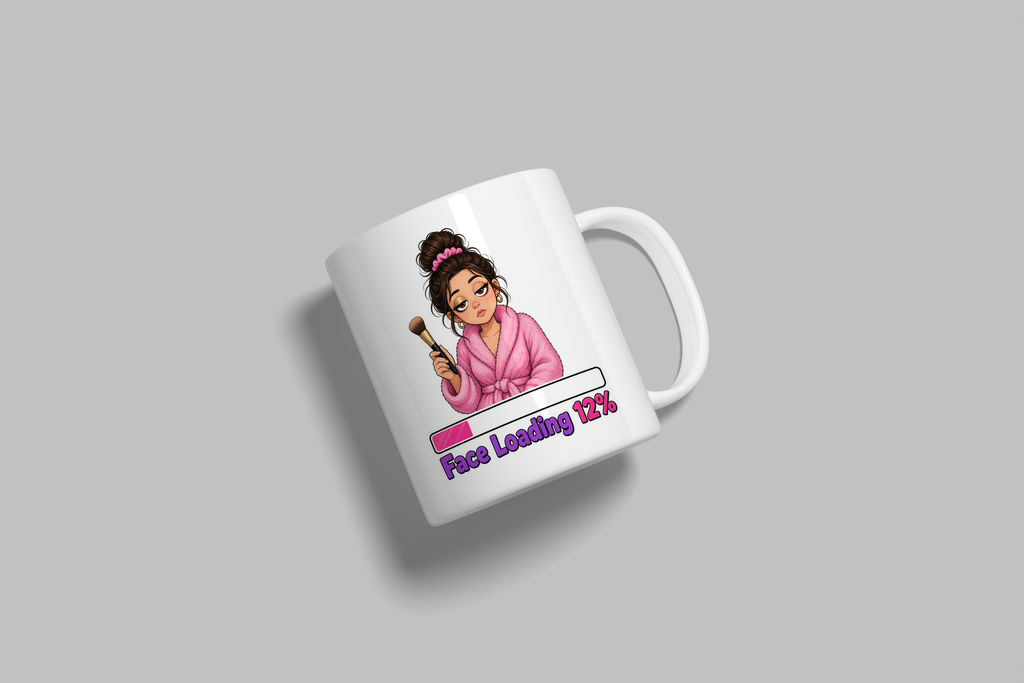 Face Loading 12% funny mug, white 11oz ceramic novelty gift, angled side view