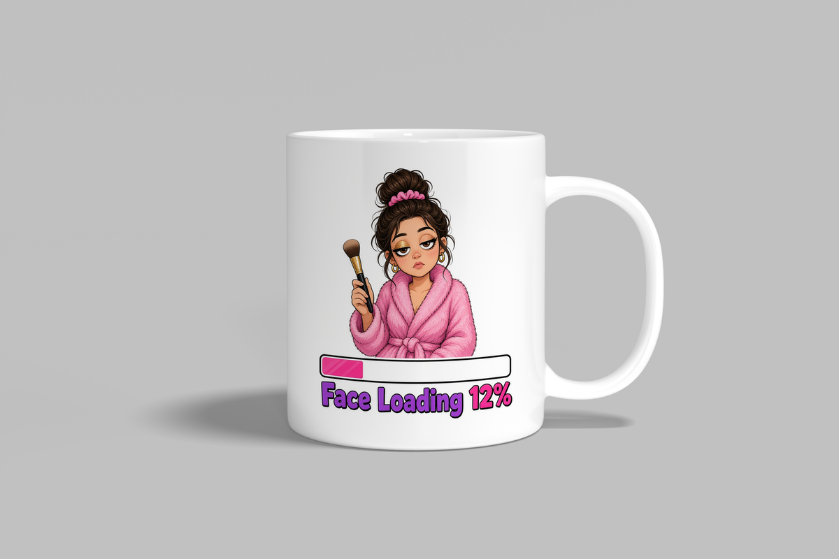 Face Loading 12% funny mug, white 11oz ceramic novelty gift, front view