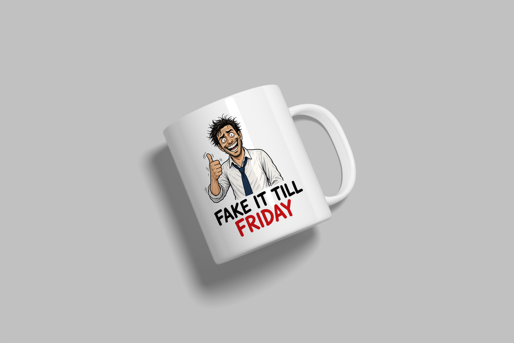 Fake It Till Friday funny mug, white 11oz ceramic novelty gift, angled side view