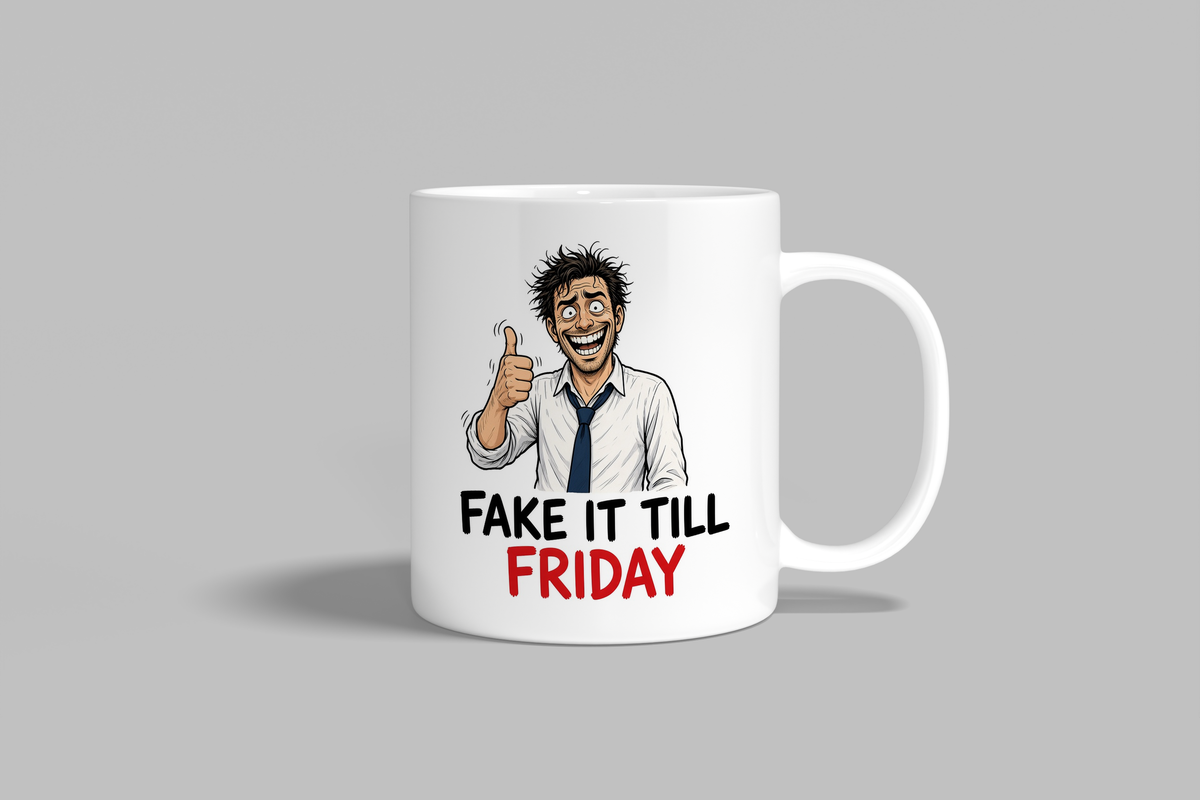 Fake It Till Friday funny mug, white 11oz ceramic novelty gift, front view