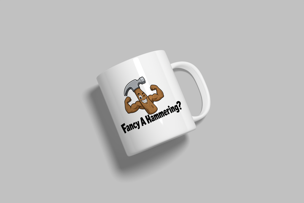 Fancy A Hammering? funny mug, white 11oz ceramic novelty gift, angled side view