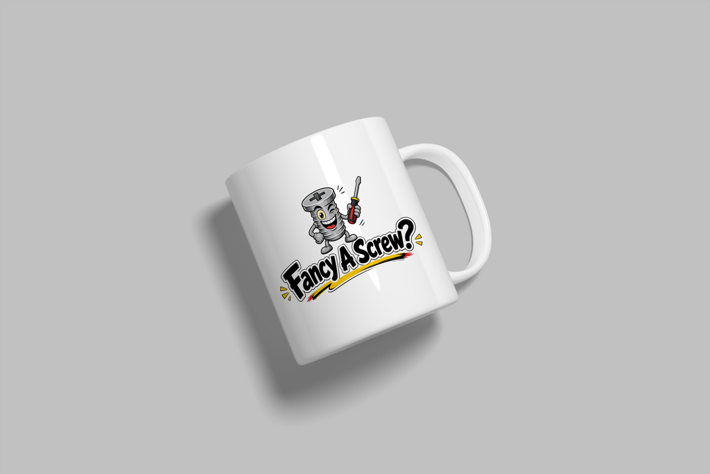 Fancy A Screw? funny mug, white 11oz ceramic novelty gift, angled side view