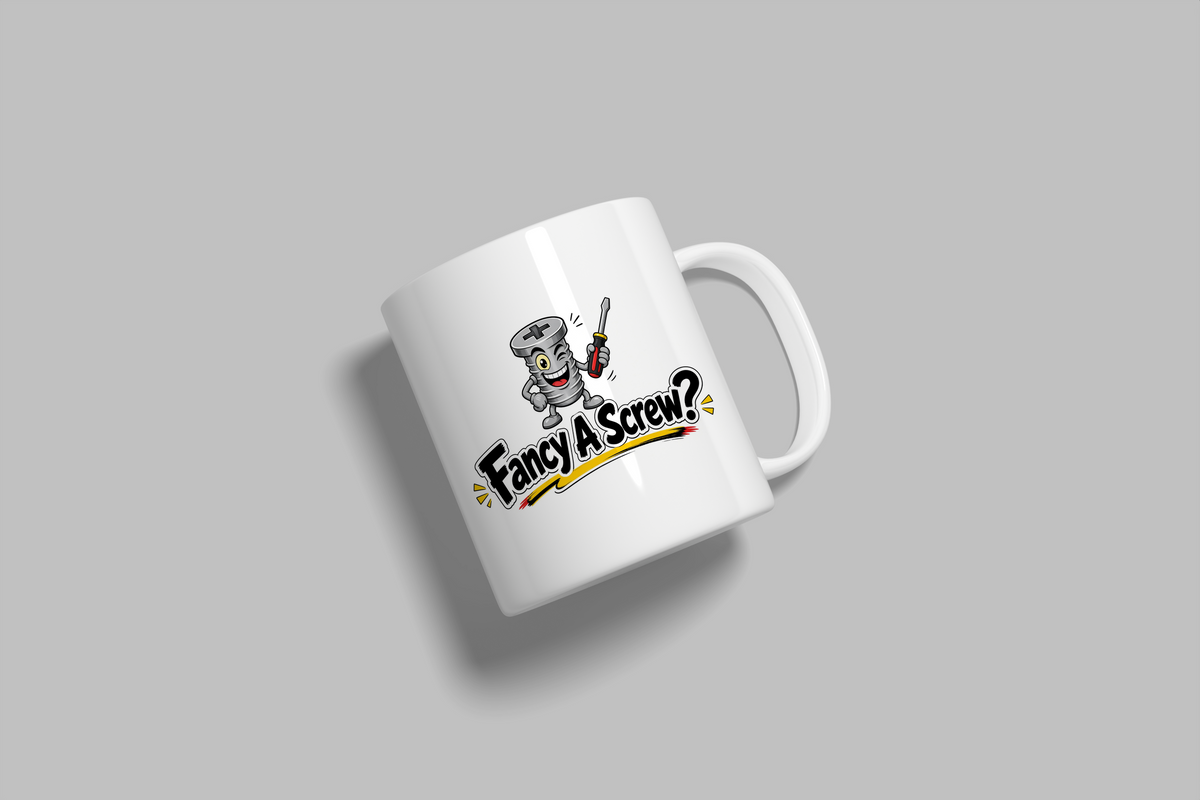 Fancy A Screw? funny mug, white 11oz ceramic novelty gift, angled side view