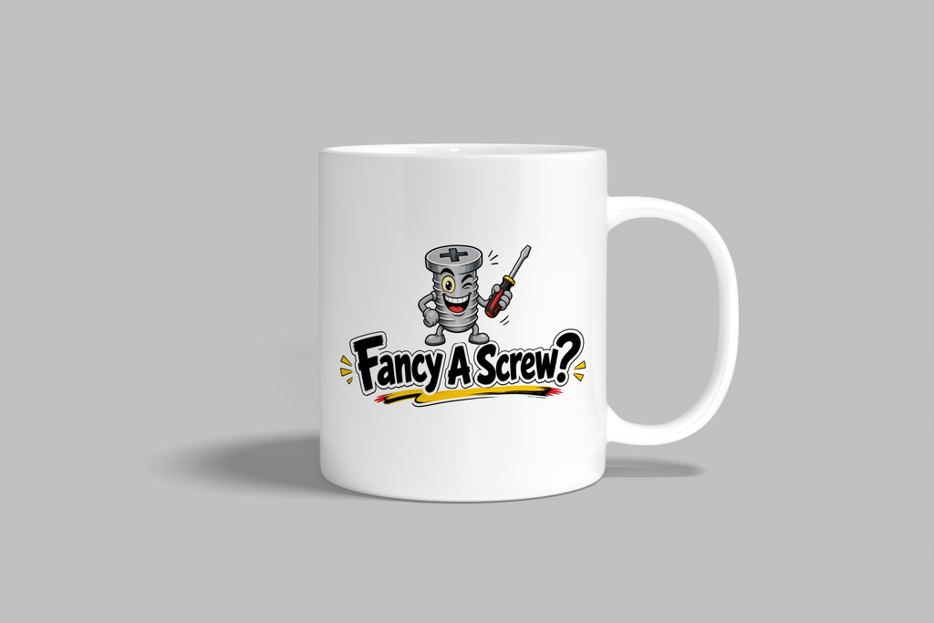 Fancy A Screw? funny mug, white 11oz ceramic novelty gift, front view