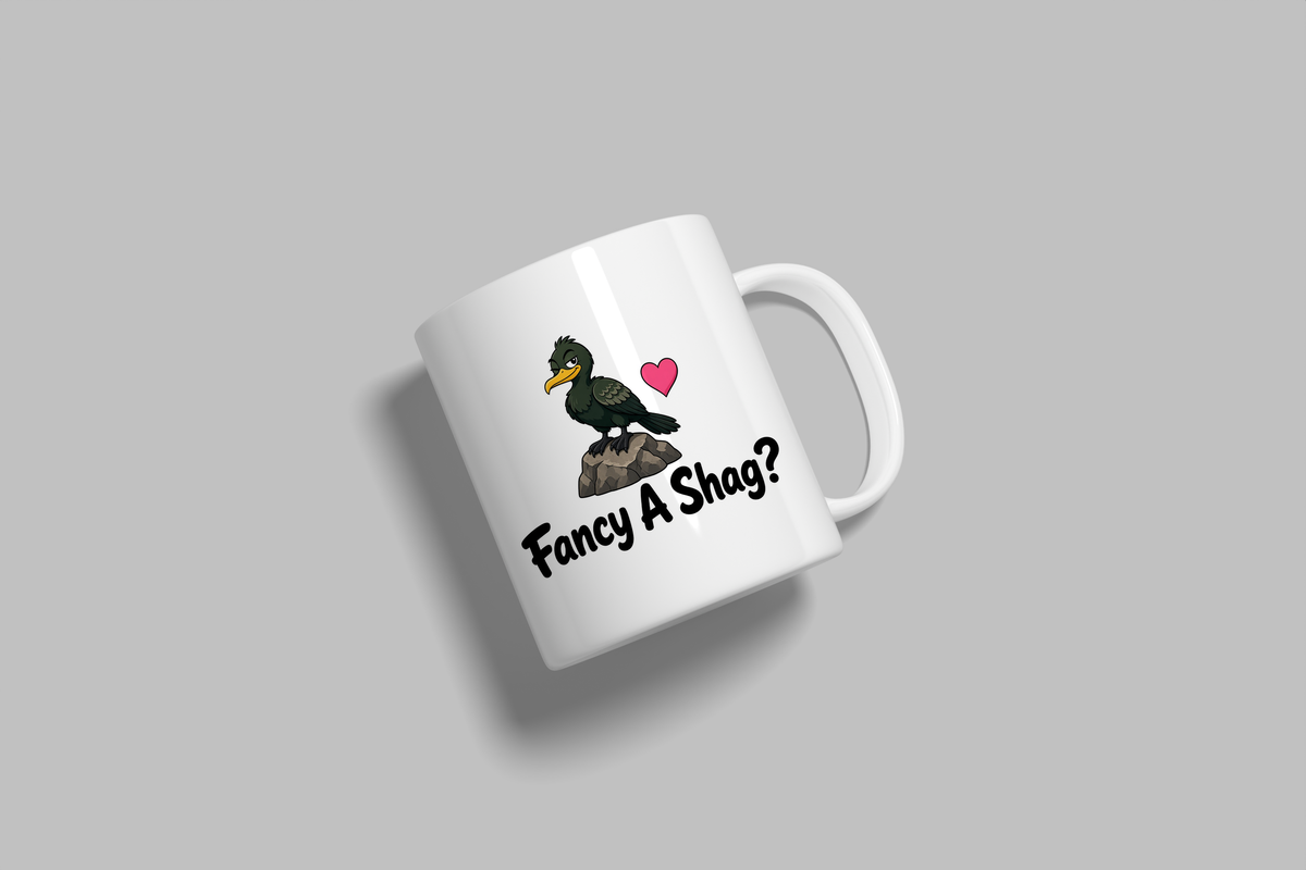 Fancy A Shag? funny mug, white 11oz ceramic novelty gift, angled side view