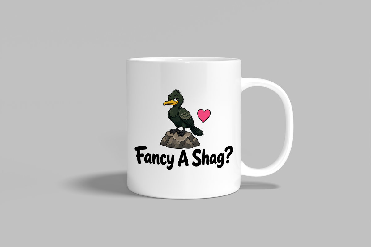 Fancy A Shag? funny mug, white 11oz ceramic novelty gift, front view