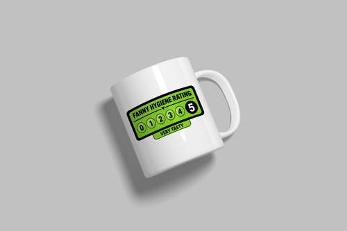 Fanny Hygiene Rating funny mug, white 11oz ceramic novelty gift, angled side view