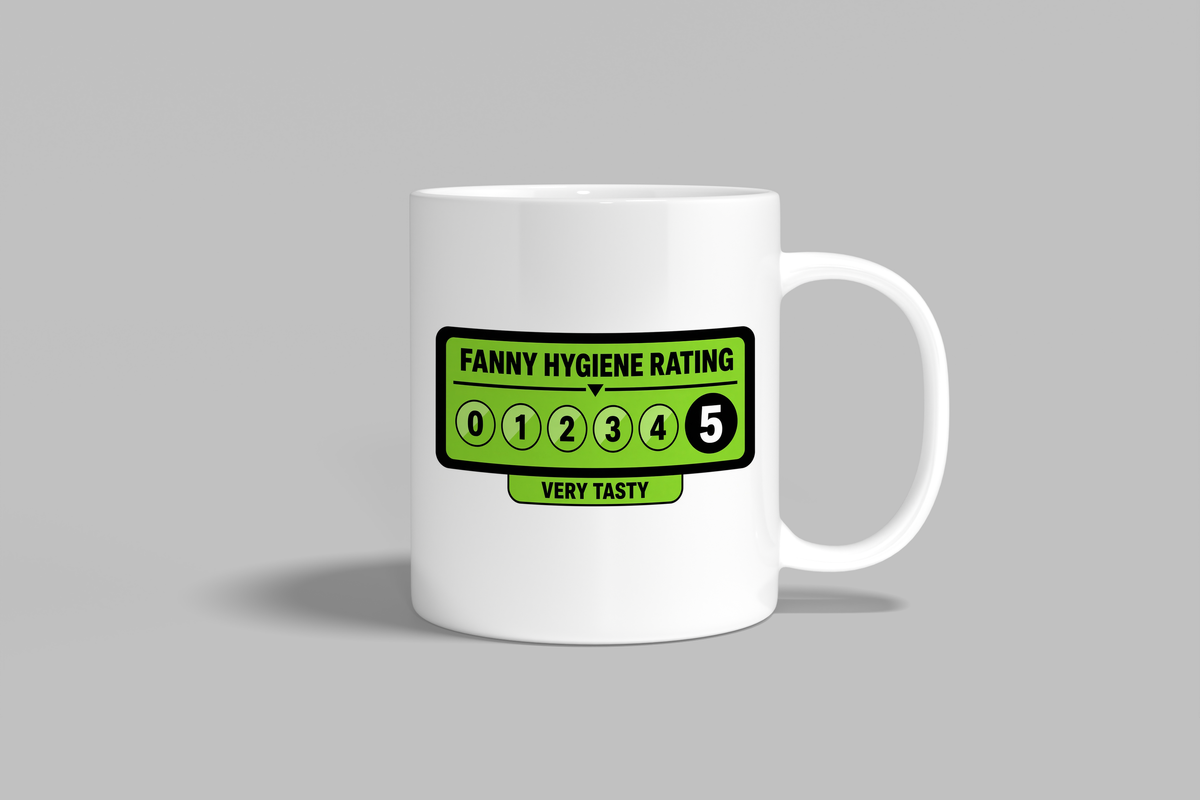 Fanny Hygiene Rating funny mug, white 11oz ceramic novelty gift, front view
