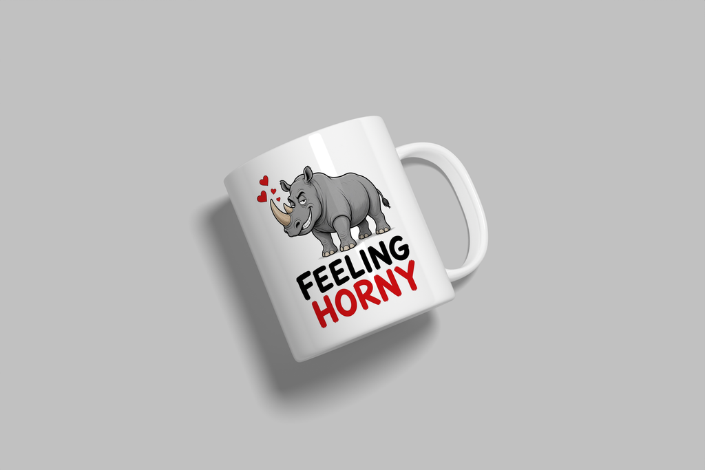 Feeling Horny funny mug, white 11oz ceramic novelty gift, angled side view