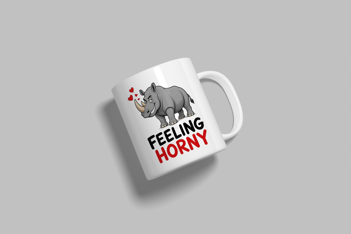 Feeling Horny funny mug, white 11oz ceramic novelty gift, angled side view
