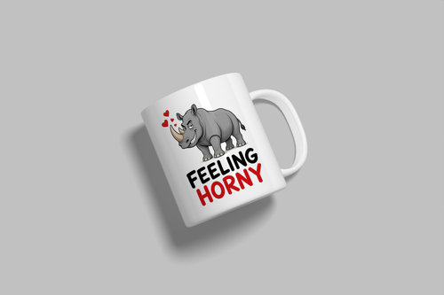 Feeling Horny funny mug, white 11oz ceramic novelty gift, angled side view