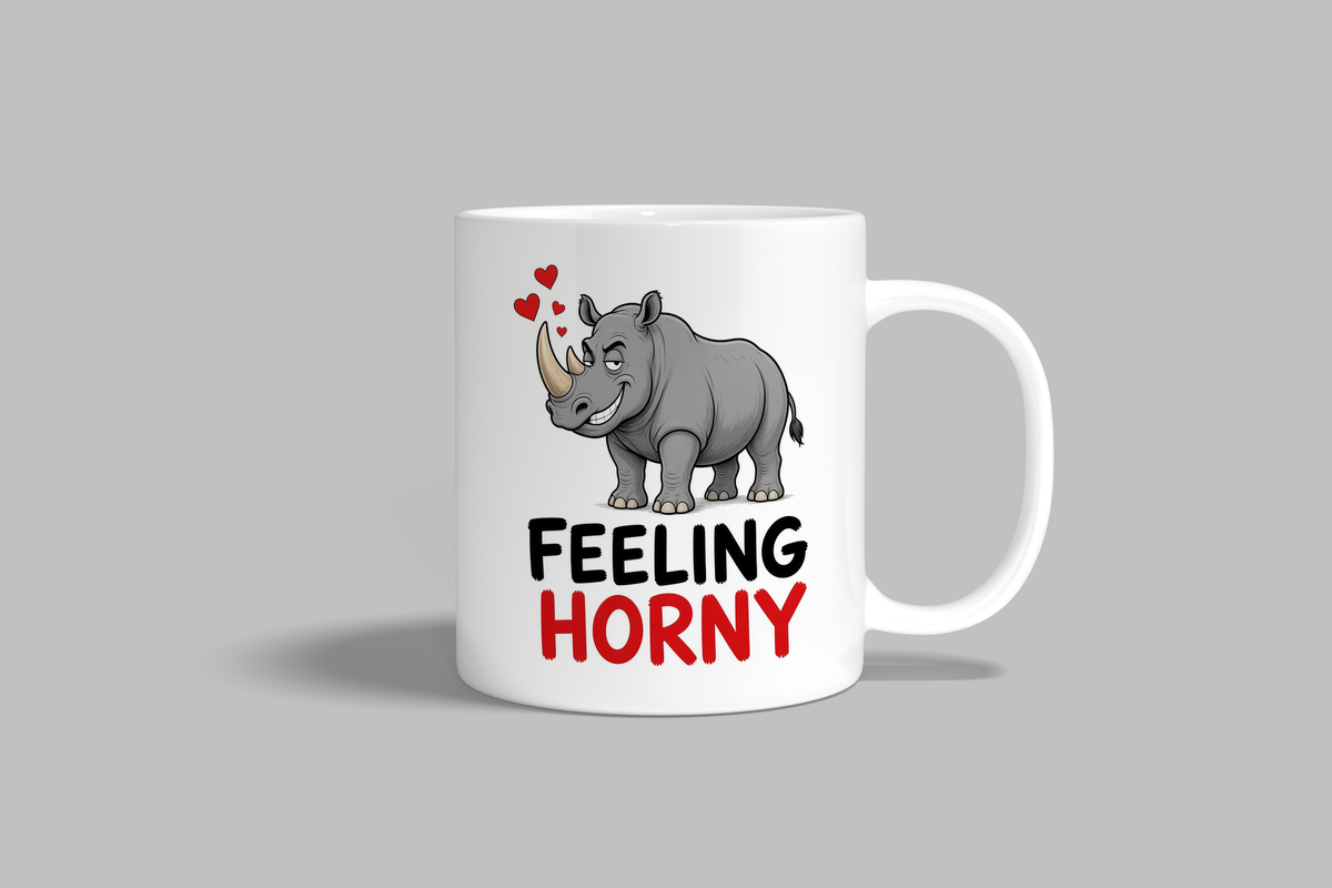 Feeling Horny funny mug, white 11oz ceramic novelty gift, front view