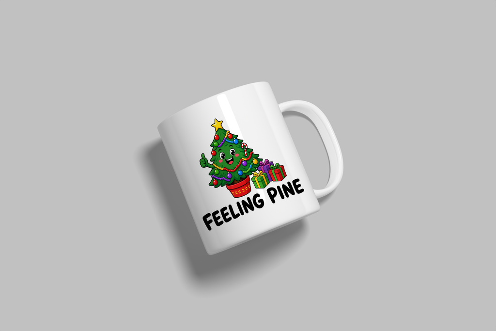 Feeling Pine funny mug, white 11oz ceramic novelty gift, angled side view
