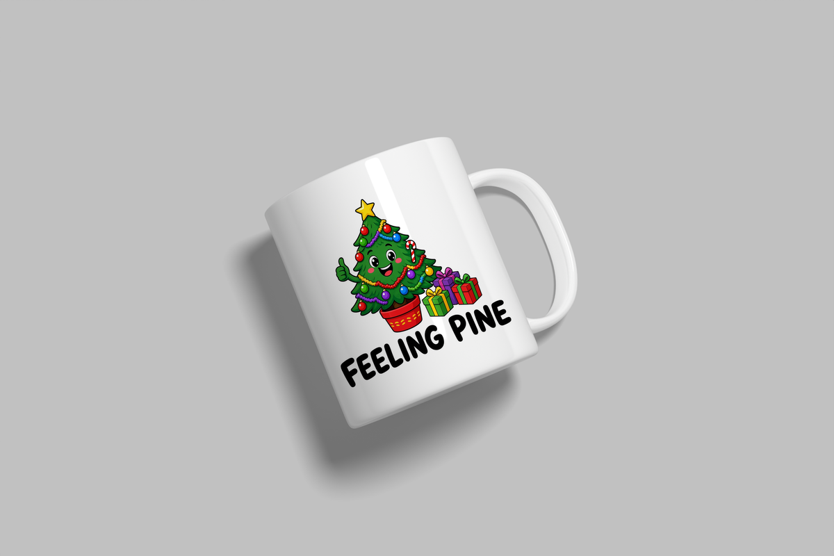 Feeling Pine funny mug, white 11oz ceramic novelty gift, angled side view
