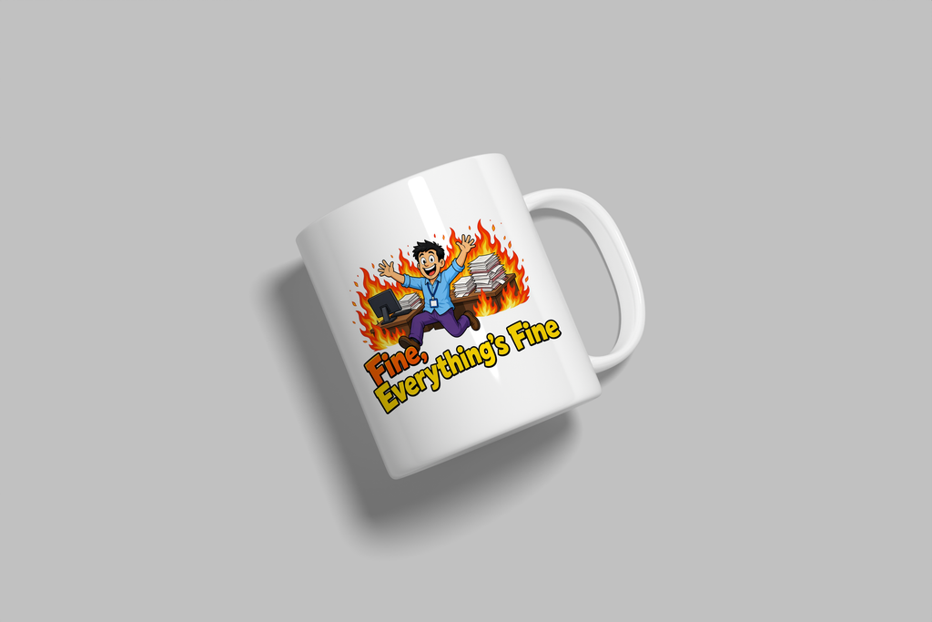 Fine, Everything's Fine funny mug, white 11oz ceramic novelty gift, angled side view