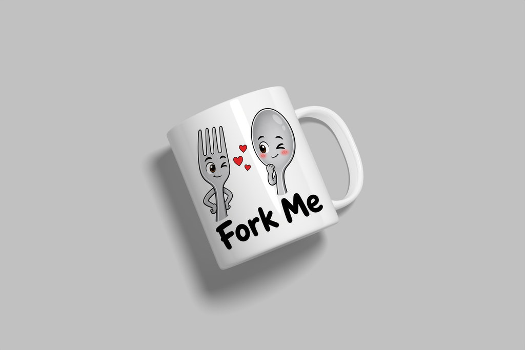 Fork Me funny mug, white 11oz ceramic novelty gift, angled side view