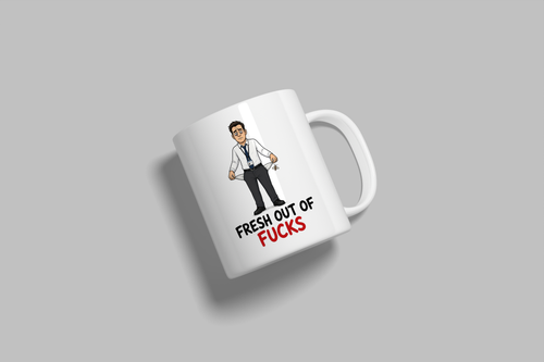 Fresh Out Of Fucks funny mug, white 11oz ceramic novelty gift, angled side view