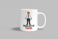 Fresh Out Of Fucks funny mug, white 11oz ceramic novelty gift, front view