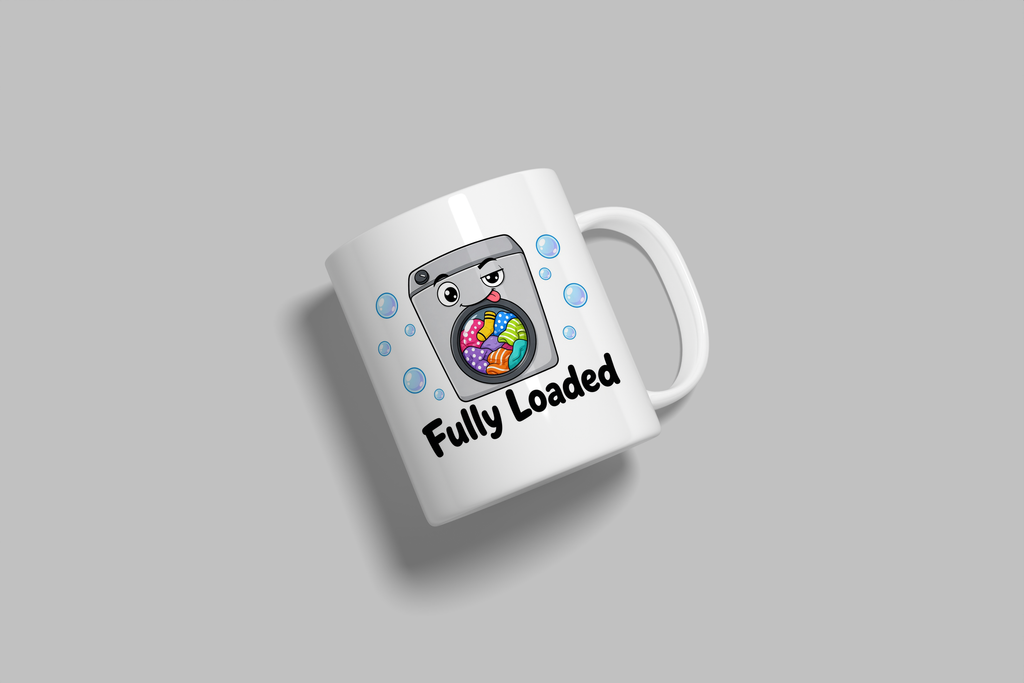 Fully Loaded funny mug, white 11oz ceramic novelty gift, angled side view