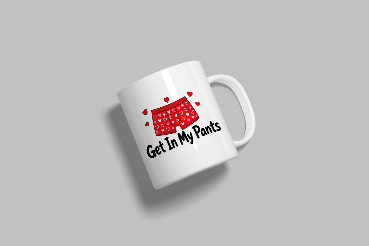 Get In My Pants funny mug, white 11oz ceramic novelty gift, angled side view