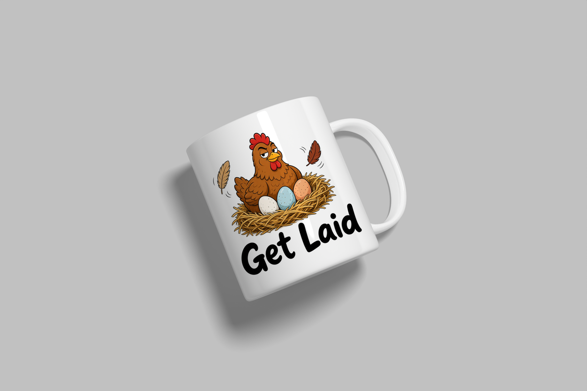 Get Laid funny mug, white 11oz ceramic novelty gift, angled side view