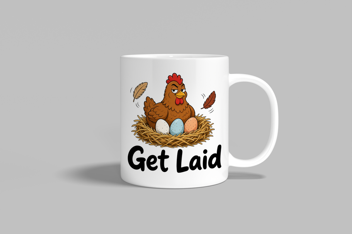 Get Laid funny mug, white 11oz ceramic novelty gift, front view