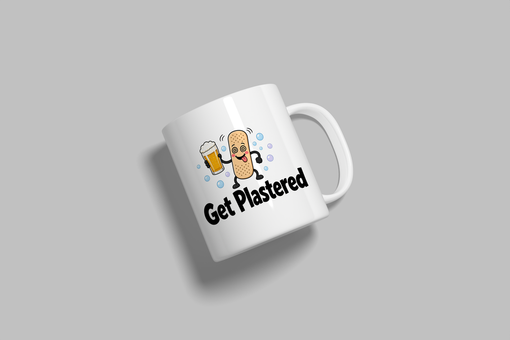 Get Plastered funny mug, white 11oz ceramic novelty gift, angled side view