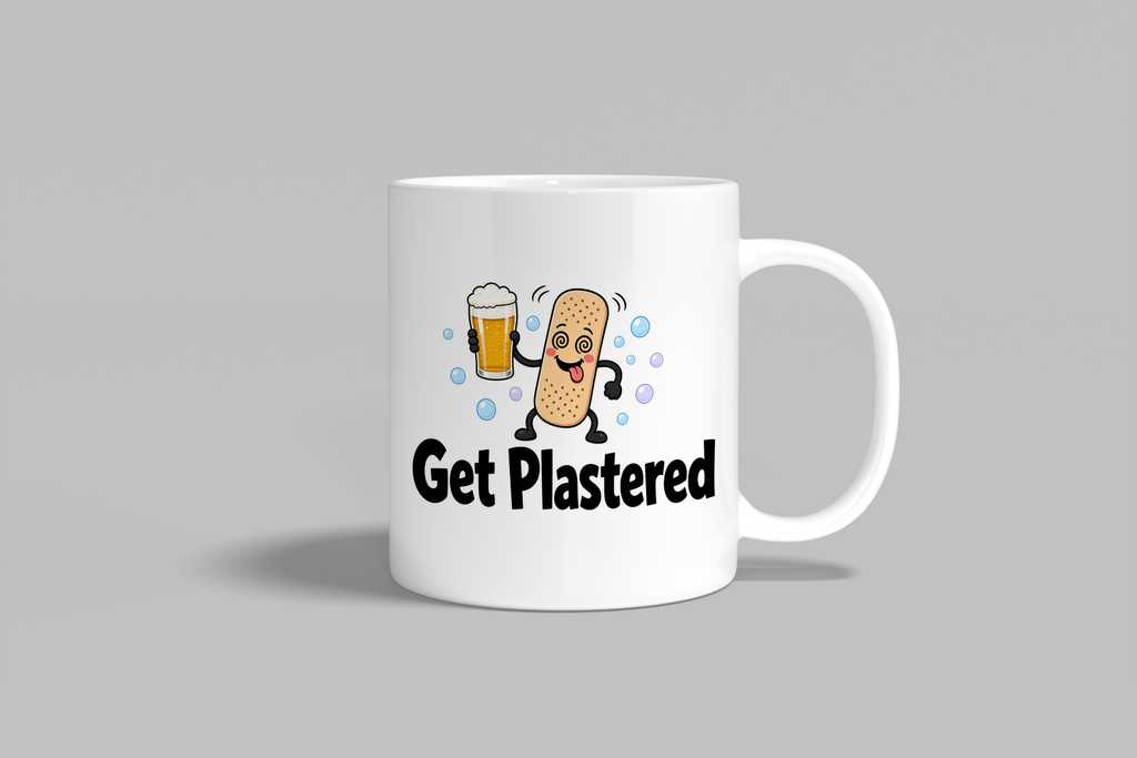 Get Plastered funny mug, white 11oz ceramic novelty gift, front view