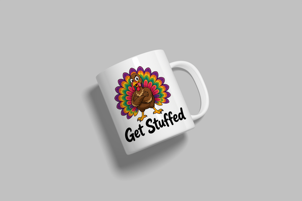 Get Stuffed funny mug, white 11oz ceramic novelty gift, angled side view