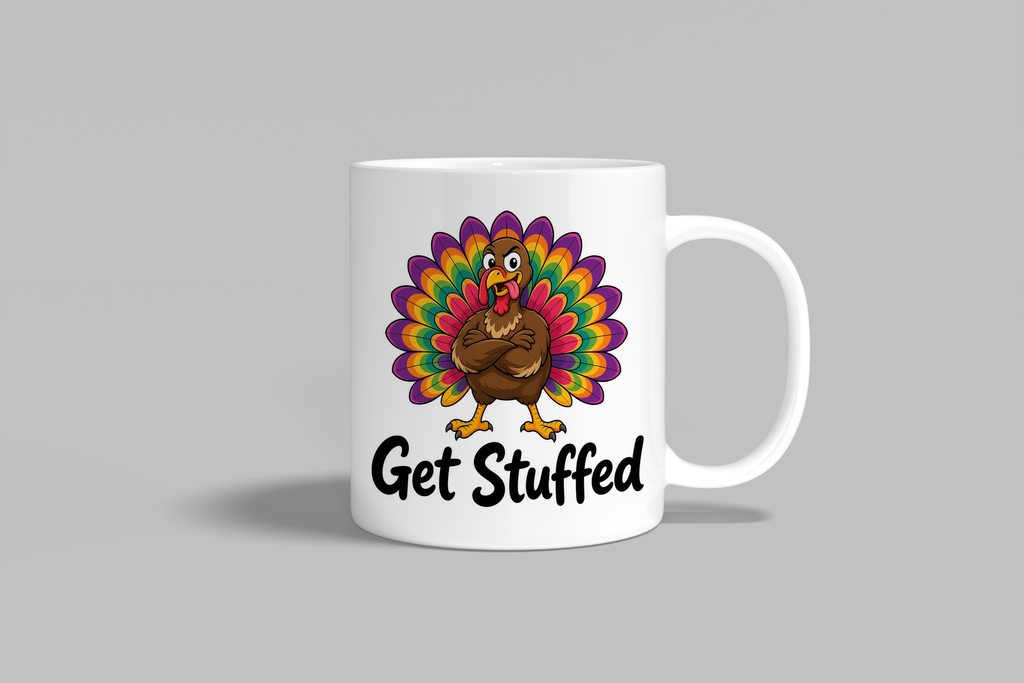 Get Stuffed funny mug, white 11oz ceramic novelty gift, front view