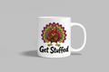 Get Stuffed funny mug, white 11oz ceramic novelty gift, front view