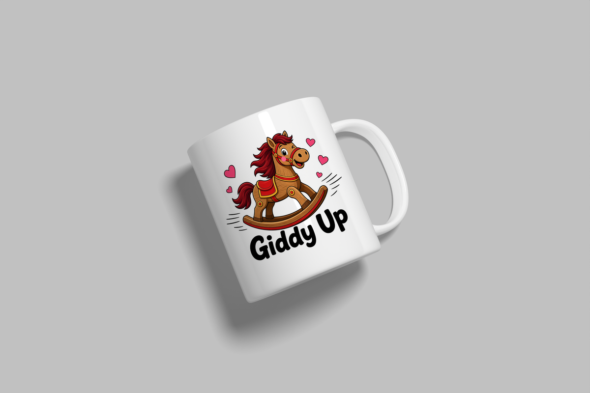 Giddy Up funny mug, white 11oz ceramic novelty gift, angled side view
