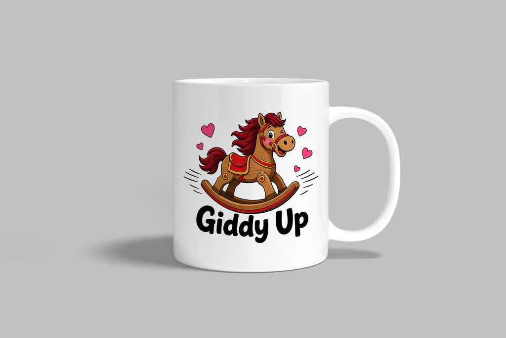 Giddy Up funny mug, white 11oz ceramic novelty gift, front view