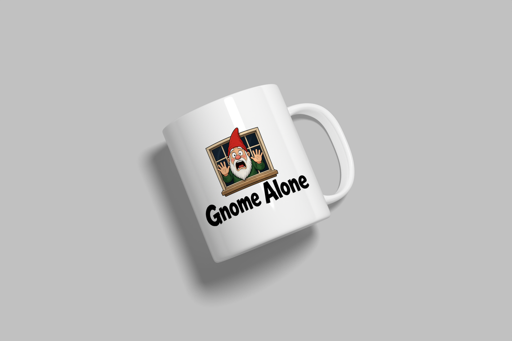 Gnome Alone funny mug, white 11oz ceramic novelty gift, angled side view