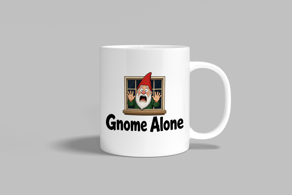 Gnome Alone funny mug, white 11oz ceramic novelty gift, front view