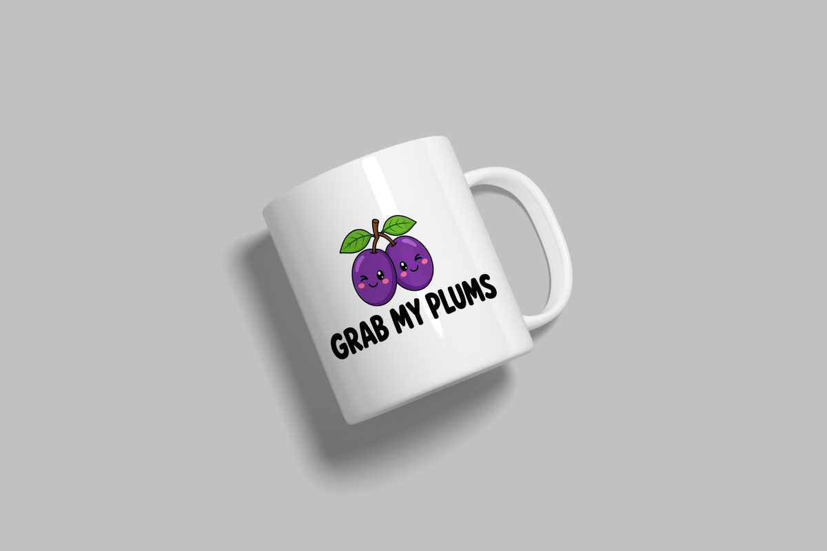 Grab My Plums funny mug, white 11oz ceramic novelty gift, angled side view