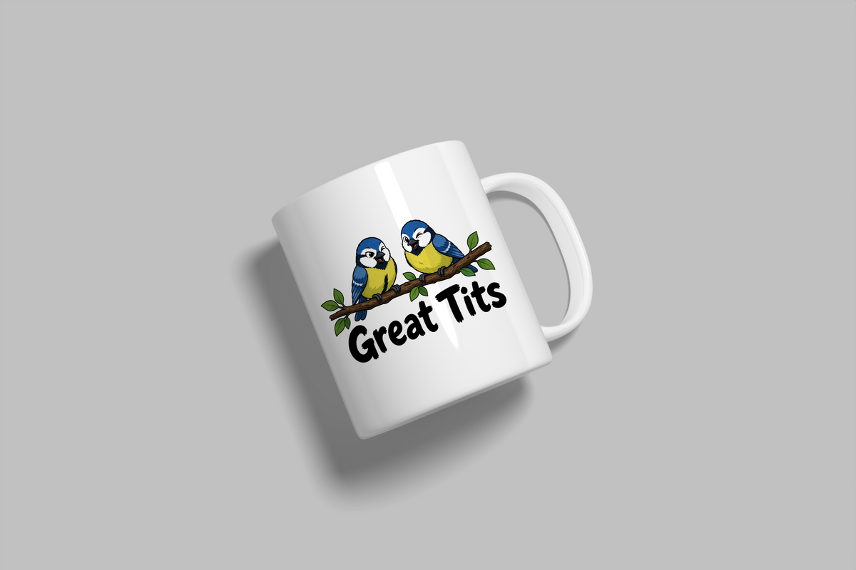 Great Tits funny mug, white 11oz ceramic novelty gift, angled side view