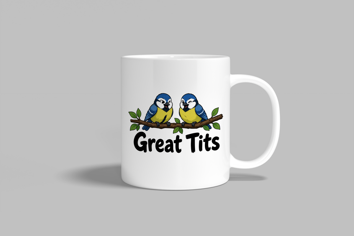 Great Tits funny mug, white 11oz ceramic novelty gift, front view