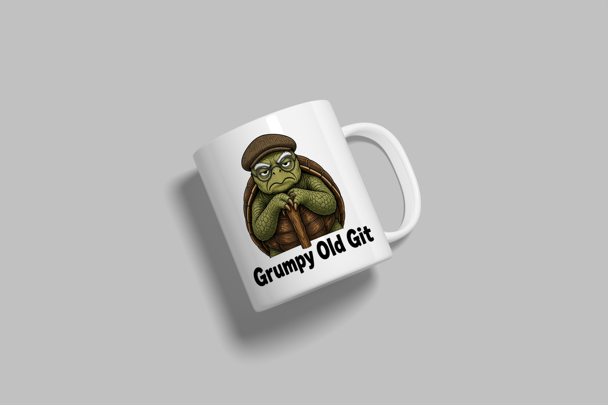 Grumpy Old Git funny mug, white 11oz ceramic novelty gift, angled side view