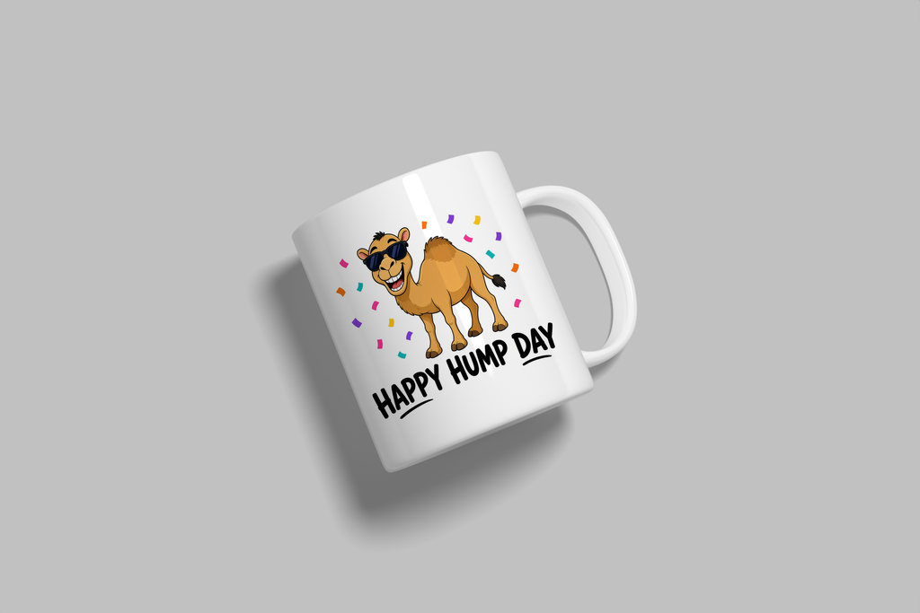 Happy Hump Day funny mug, white 11oz ceramic novelty gift, angled side view
